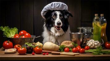 uma Preto e branco cachorro vestindo uma chef chapéu cercado de legumes ai gerado foto