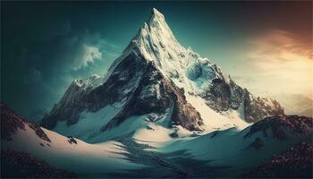 uma Nevado montanha panorama com uma rio e pedras ai generativo foto