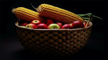 uma cesta preenchidas com milho e tomates ai gerado foto