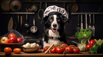 uma Preto e branco cachorro vestindo uma chef chapéu cercado de legumes ai gerado foto