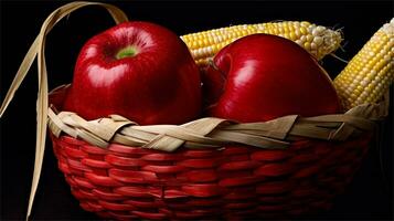 uma cesta preenchidas com milho e tomates ai gerado foto