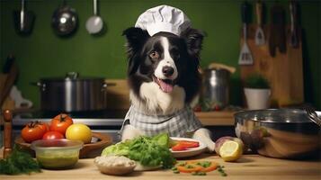 uma Preto e branco cachorro vestindo uma chef chapéu cercado de legumes ai gerado foto