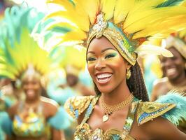 pessoas desfrutando rua carnaval festival, amigos rindo ao ar livre dentro figurinos. Nada Colina carnaval artista. ai gerado foto