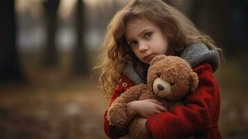 uma pequeno menina segurando uma Urso de pelúcia Urso dentro dela mãos ai gerado foto