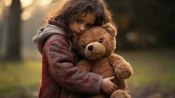 uma pequeno menina segurando uma Urso de pelúcia Urso dentro dela mãos ai gerado foto