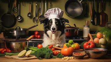 uma Preto e branco cachorro vestindo uma chef chapéu cercado de legumes ai gerado foto