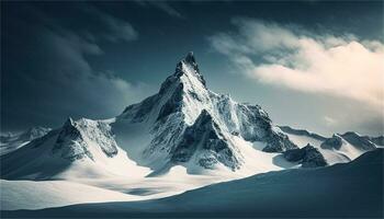 uma Nevado montanha panorama com uma rio e pedras ai generativo foto