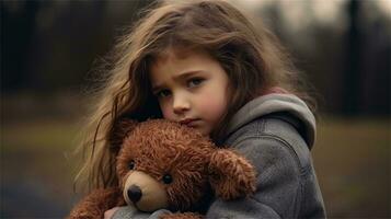 uma pequeno menina segurando uma Urso de pelúcia Urso dentro dela mãos ai gerado foto