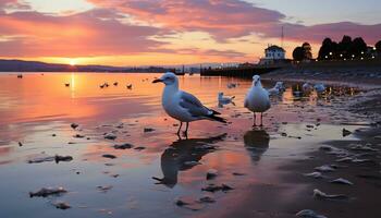 gaivotas em a de praia às pôr do sol ai gerado foto