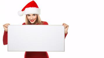 ai gerado fêmea modelo dentro Natal chapéu, configuração segurando uma em branco placa cópia de espaço foto