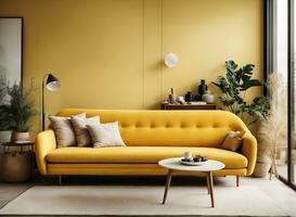 ai gerado a vivo quarto tem a elegante e confortável escandinavo Projeto com uma pastel estético canto sofá, de madeira mesa foto
