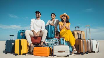 ai gerado viajando promo com modelo com uma muitos do bolsas e malas em uma limpar \ limpo solteiro cor fundo foto