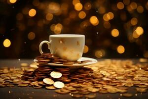copo do café e ouro moedas em bokeh fundo. generativo ai foto