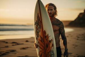 ai gerado lindo masculino surfista com prancha de surfe em a arenoso de praia. água Esportes. saudável ativo estilo de vida. surf. extremo esporte. foto