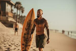 ai gerado lindo masculino surfista com prancha de surfe em a arenoso de praia. água Esportes. saudável ativo estilo de vida. surf. extremo esporte. foto