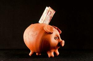 uma porquinho banco com uma euro nota de banco degola Fora do isto foto