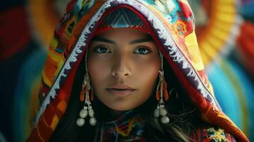 ai gerado uma peruano mulher dentro andino vestuário foto