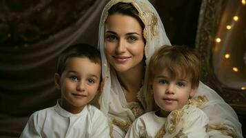 ai gerado lindo muçulmano mulher com dela filho dentro tradicional vestir foto