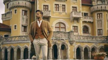 ai gerado bem vestido homem em pé dentro frente do vintage castelo foto