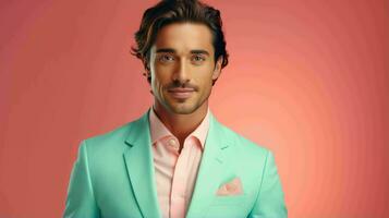 ai gerado feliz e atraente homem vestindo pastel cor terno com lindo vibrante fundo foto