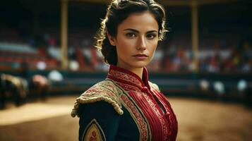 ai gerado uma lindo espanhol mulher matador dentro tradicional vestuário foto