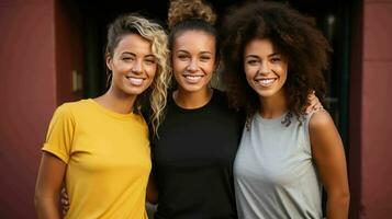 ai gerado jovem fêmea grupo feliz e sorridente juntos foto