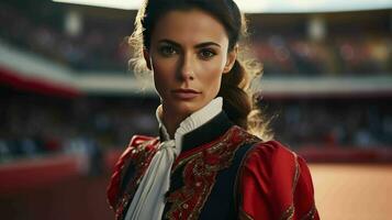 ai gerado uma lindo espanhol mulher matador dentro tradicional vestuário foto