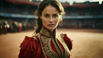 ai gerado uma lindo espanhol mulher matador dentro tradicional vestuário foto