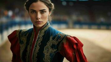 ai gerado uma lindo espanhol mulher matador dentro tradicional vestuário foto