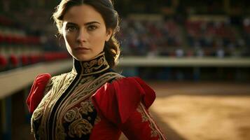 ai gerado uma lindo espanhol mulher matador dentro tradicional vestuário foto