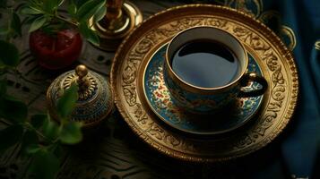 ai gerado turco tradicional chaleira e uma café copo foto
