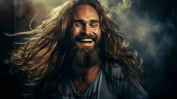 ai gerado hippie pessoa com grandes cabelos feliz e sorrindo foto