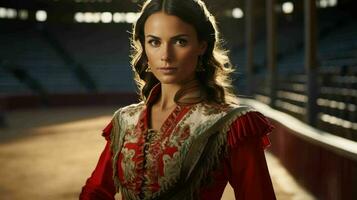 ai gerado uma lindo espanhol mulher matador dentro tradicional vestuário foto