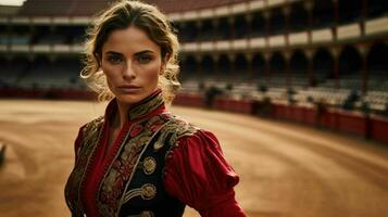 ai gerado uma lindo espanhol mulher matador dentro tradicional vestuário foto