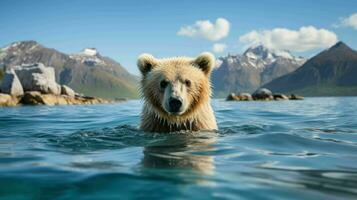 ai gerado uma Urso natação dentro a água com montanhas dentro a fundo foto