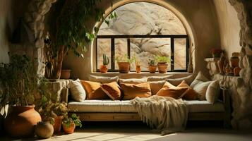 lindo velho quarto dentro Mediterrâneo estilo com texturizado paredes e caloroso cor tons ai generativo foto