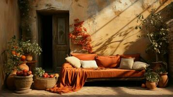 lindo velho quarto dentro Mediterrâneo estilo com texturizado paredes e caloroso cor tons ai generativo foto