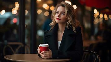 uma lindo menina é sentado com café dentro uma restaurante ai gerado foto