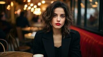 uma lindo menina é sentado com café dentro uma restaurante ai gerado foto