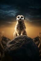 uma meerkat sentado em topo do uma ampla Rocha ai gerado foto