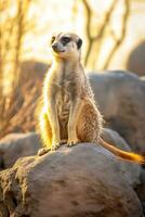 uma meerkat sentado em topo do uma ampla Rocha ai gerado foto