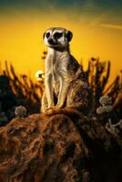 uma meerkat sentado em topo do uma ampla Rocha ai gerado foto