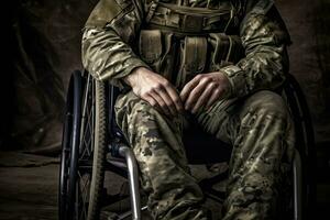 ai gerado honrando serviço - veterano dentro uma cadeira de rodas dentro militares traje - generativo ai foto