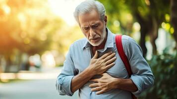 ai gerado médico crise - Senior masculino segurando peito dentro agonia - coração ataque conceito - generativo ai foto