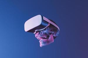 crânio com óculos de realidade virtual e iluminação neon. Renderização 3d foto