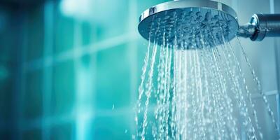 ai gerado refrescante chuveiro fechar-se - água fluindo a partir de banheiro chuveiro cabeça - generativo ai foto