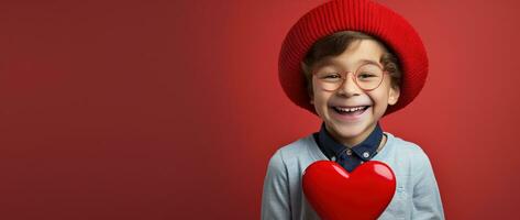 ai gerado feliz pequeno Garoto com vermelho corações em dia dos namorados dia. foto