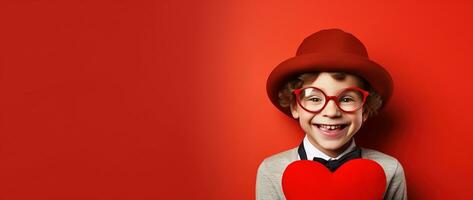 ai gerado feliz pequeno Garoto com vermelho corações em dia dos namorados dia. foto