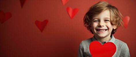 ai gerado feliz pequeno Garoto com vermelho corações em dia dos namorados dia. foto