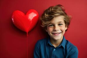 ai gerado feliz pequeno Garoto com vermelho corações em dia dos namorados dia. foto